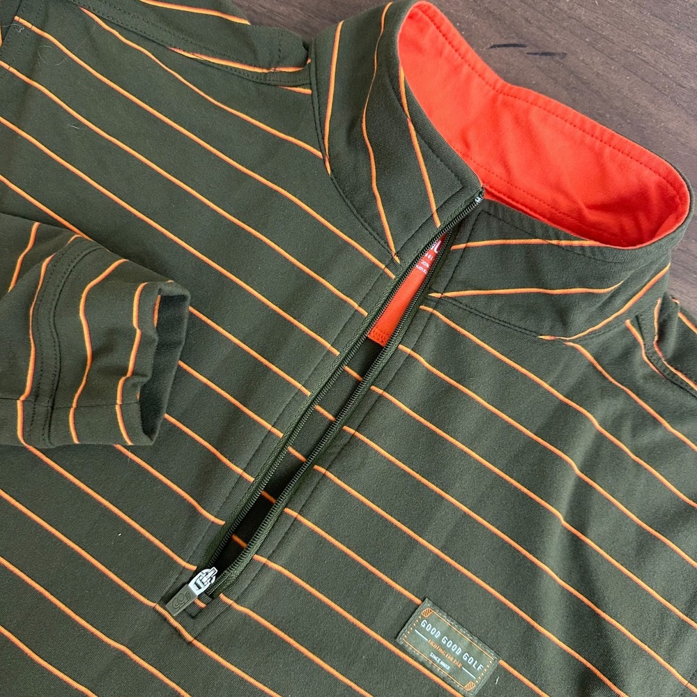 Good Good Golf Shirt Green Orange Striped Stretch Long Sleeve 1/4 Zip Men Medium